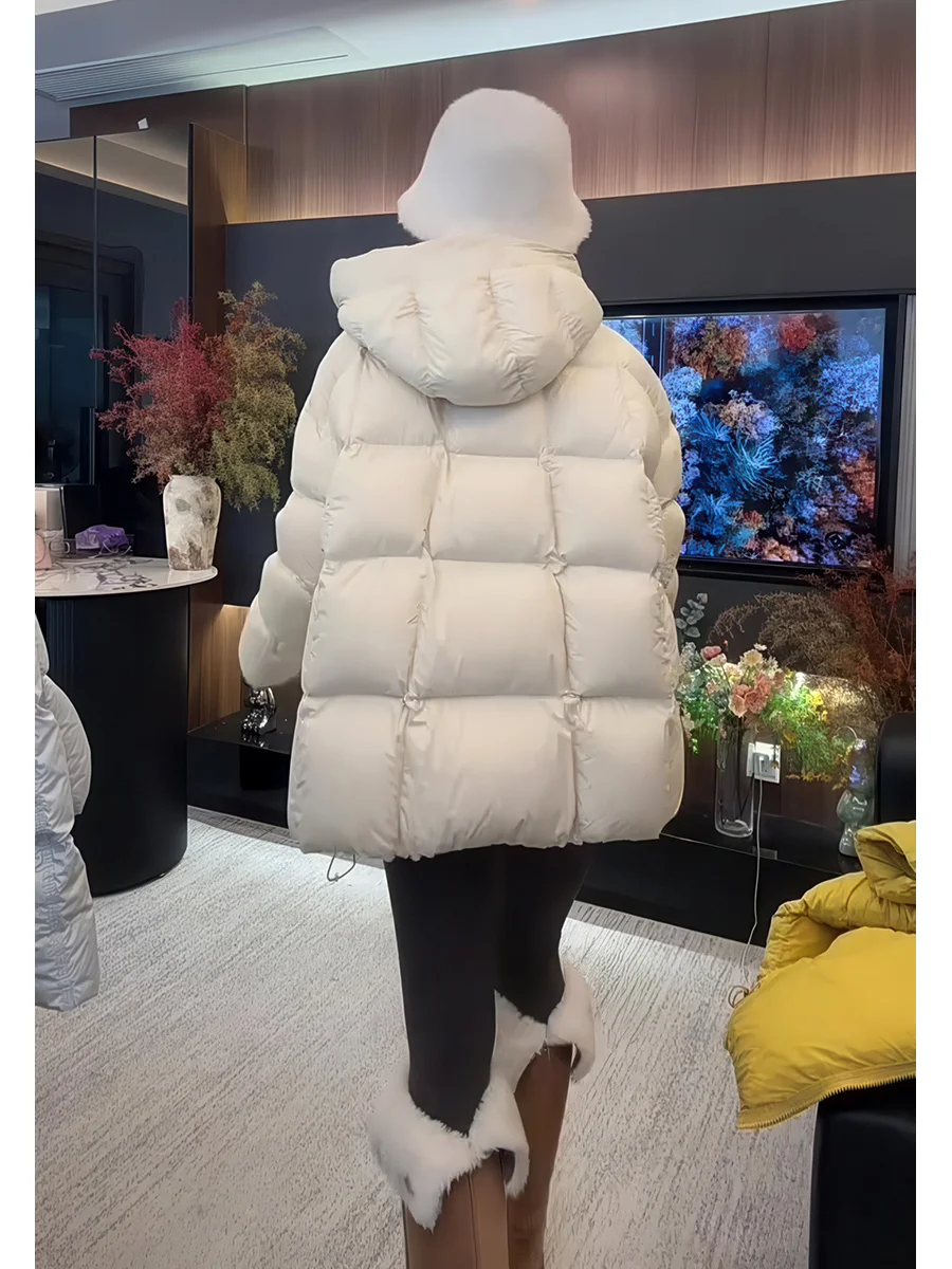 Invierno Thiened con capucha de longitud media abajo Jaet mujer Beige Puff pan abrigo ropa de abrigo cálida Casual Sle blanco Du relleno de plumón