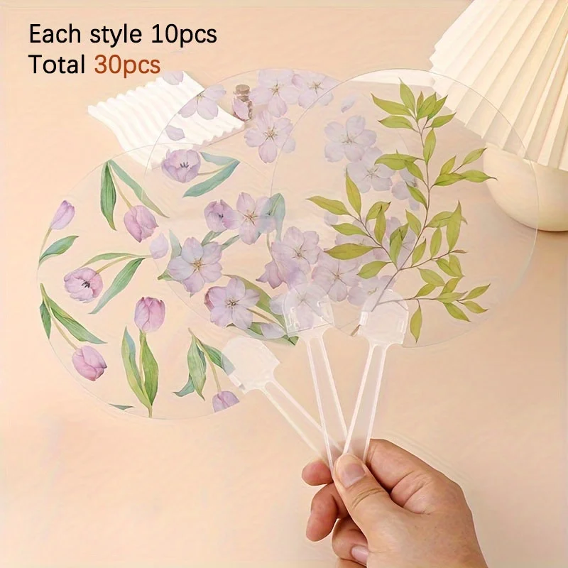 30pcs Elegant Floral Hand Fans - Pink Cherry Blossom & Green Leaves Design, Plastic Handle, Garden Style DIY Craft for We