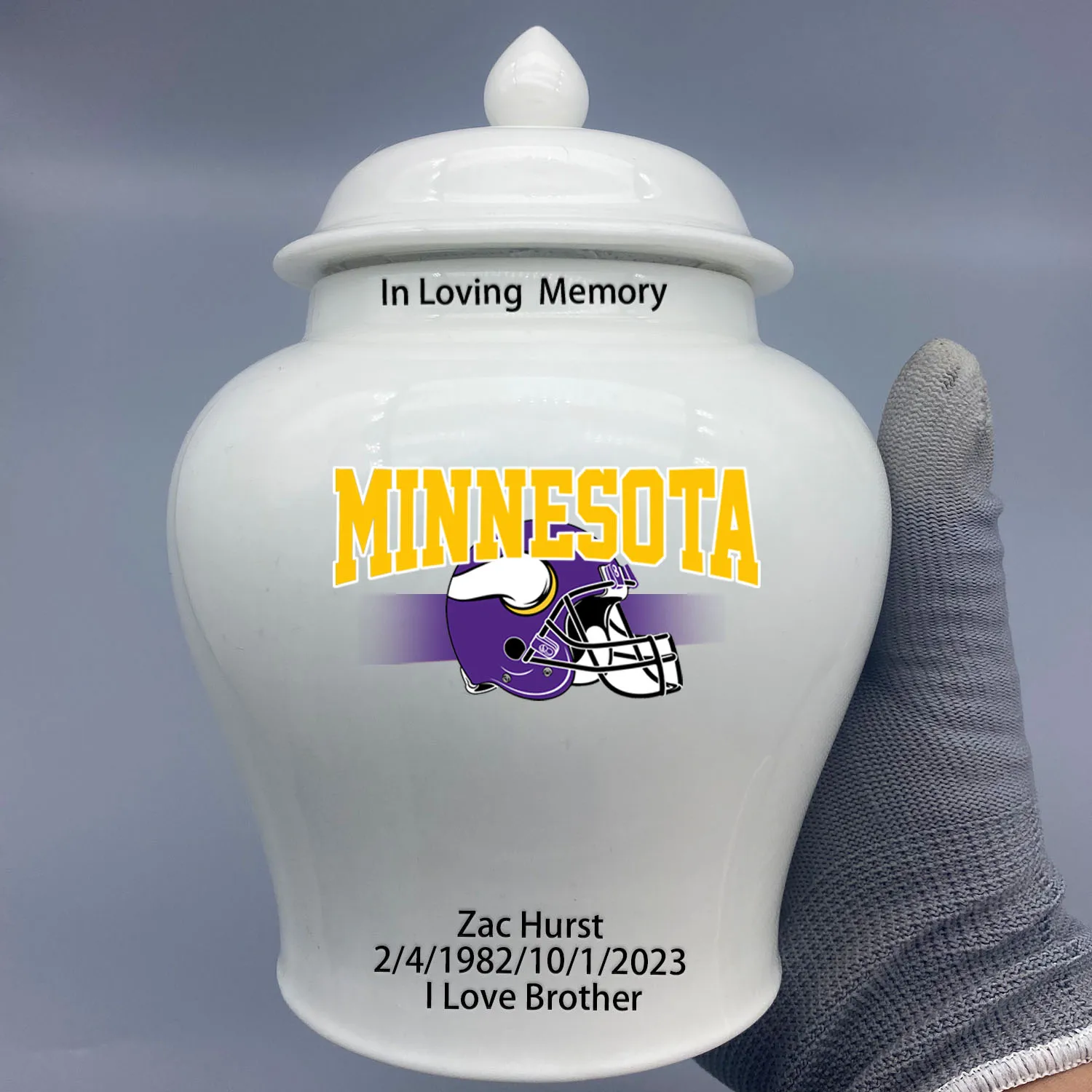 Medium Urn for Minnesota Vikings-themed Logo Urn.Please send me the customize information-name/date and number on the urn