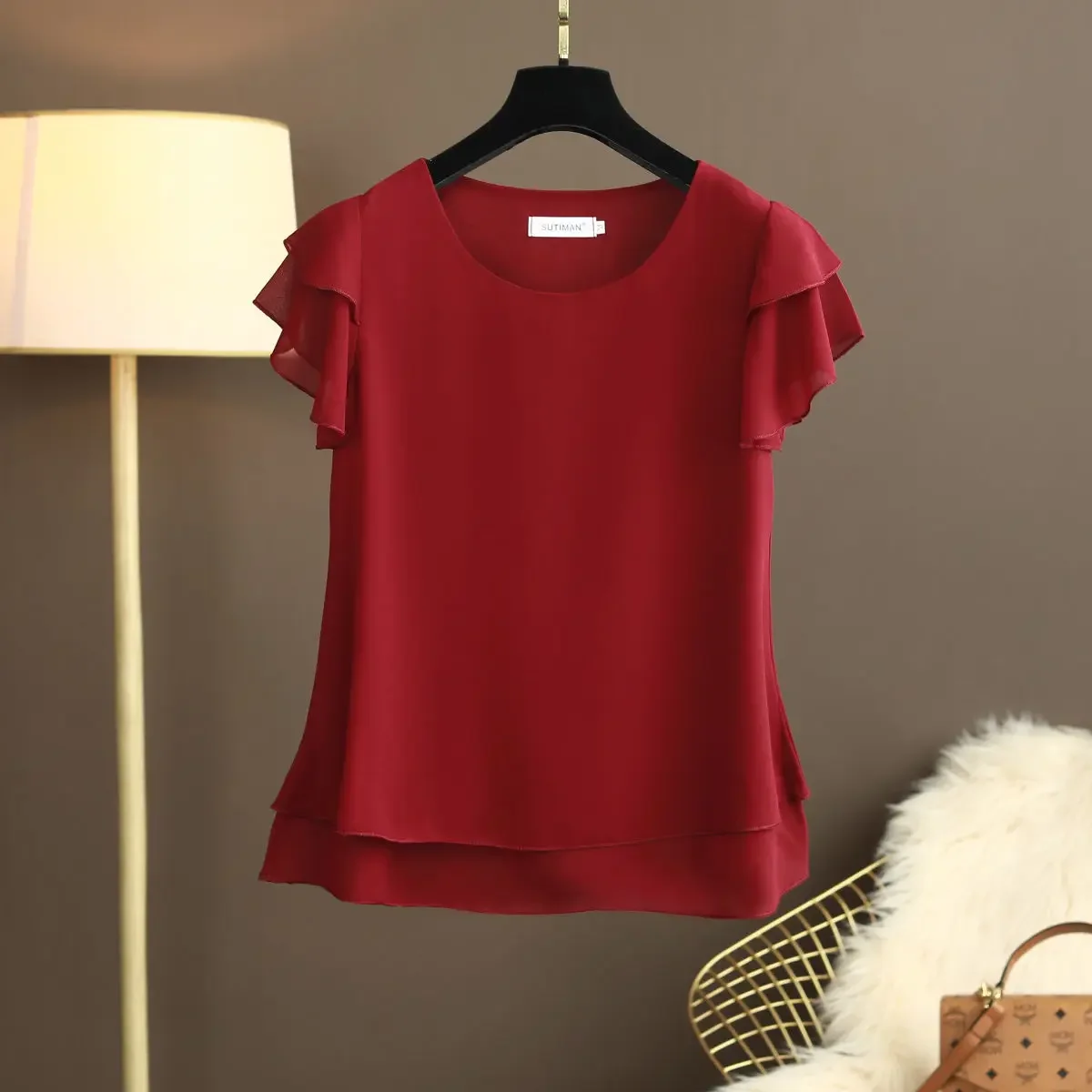 Blusa holgada de gasa con cuello redondo para mujer, camisa de manga corta, Tops de gran tamaño, 2022