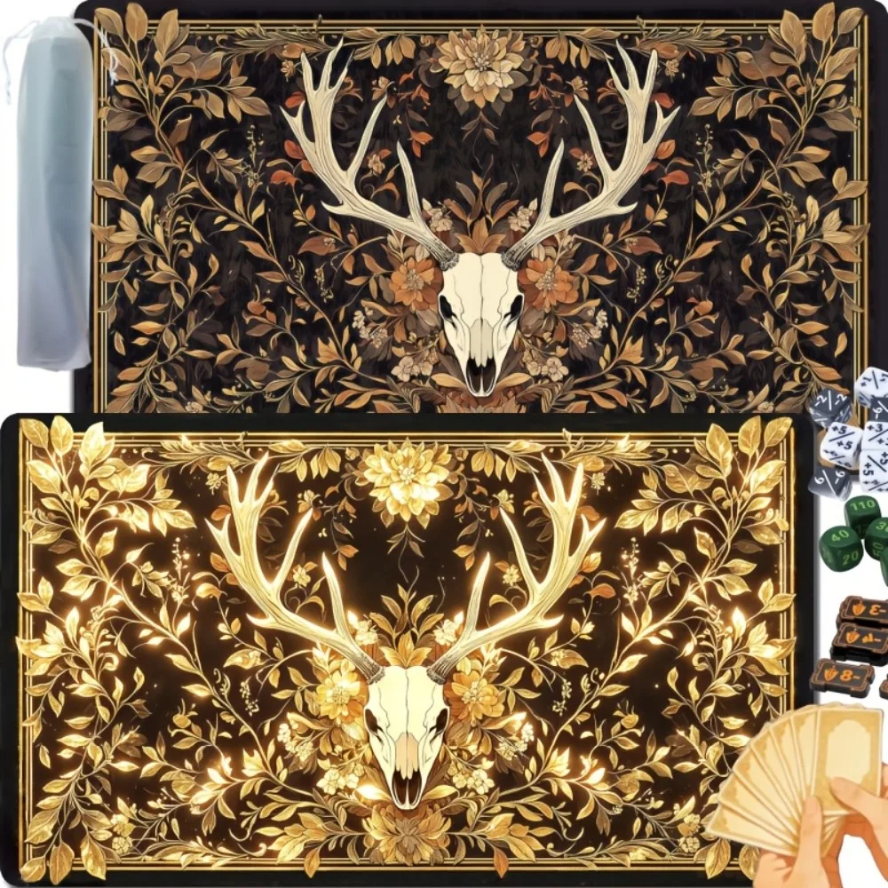 TCG game mat featuring gothic deer skull and flowers, collectible card game mat, CCG game mat, tabletop mat for board games