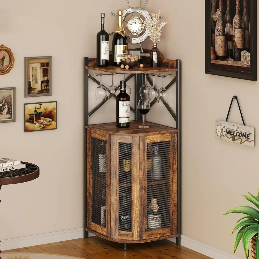 Gabinete de barra de esquina con soporte de vidrio, gabinete de vino Industrial con puerta de malla, gabinete de barra de licor con estante ajustable