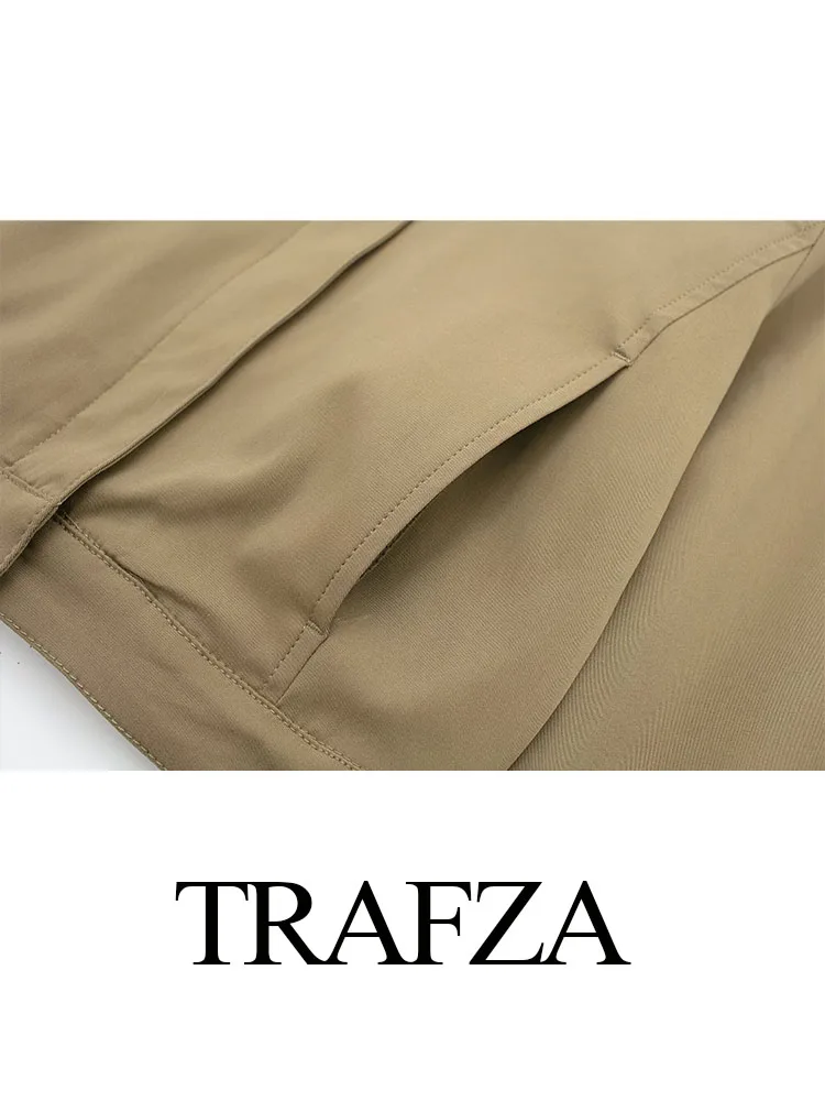 TRAFZA Women Suit Solid O-Neck Long Sleeves Pockets Button Zipper Jackets+High Waist Belt Decoration Zipper Pleated Skirts