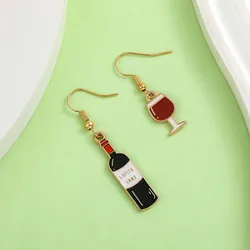 1 Pair Asymmetrical Enamel Red Wine Bottle And Wine Glass Dangle Drop Earrings, Jewelry Gifts for Women Girls