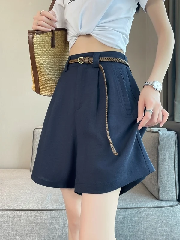 

Summer 2026 New Style Women's High Waist Wide Leg Cotton Linen Shorts Casual Loose Fit Pure Color Linen Five-Point Pants