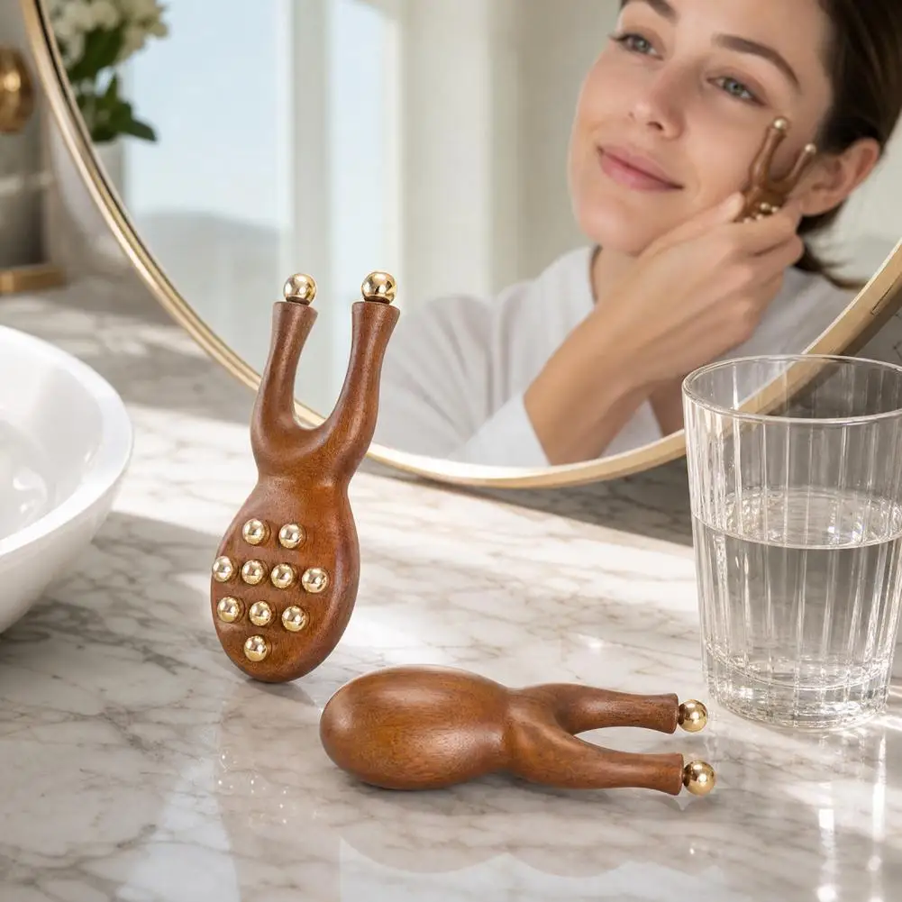Sandalwood Facial Massage Roller with 12 Brass Beads Y-Shaped Ergonomic GuaSha Tool for Face Muscle Relaxation Blood Circulation