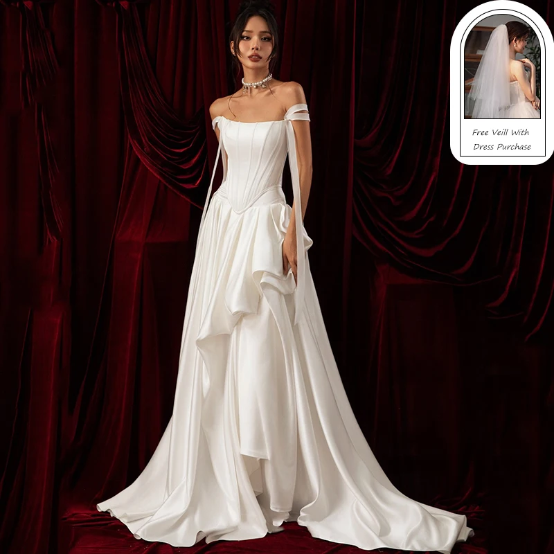 

Eightree White A-Line Wedding Dresses Off The Shoulder Ruffled Satin Bridal Dress Princess Wedding Ball Prom Gowns Customized