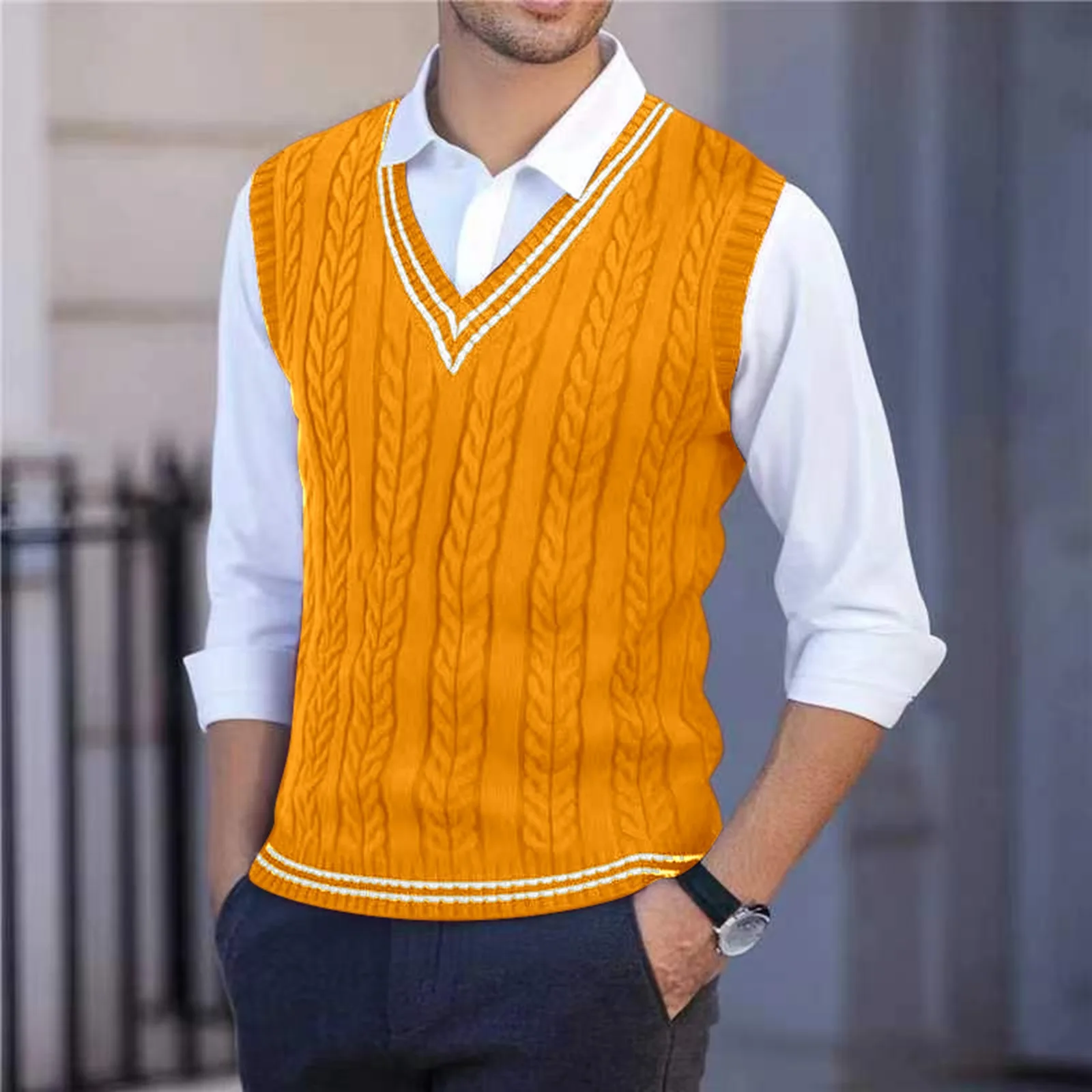 2026 Men's Knitted V-Neck Sweater Vest Color Blocking Stripe Sleeveless Knitwear Pullover Sweaters Men Business Casual Waistcoat view 6