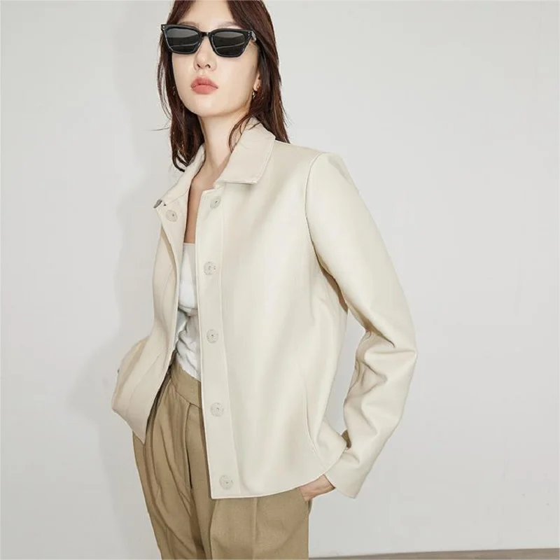 Manteau en cuir véritable pour femme, bouton recouvert de revers, court en peau de mouton d\'Espagne, blanc, marron, printemps, automne