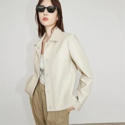 Manteau en cuir véritable pour femme, bouton recouvert de revers, court en peau de mouton d'Espagne, blanc, marron, printemps, automne