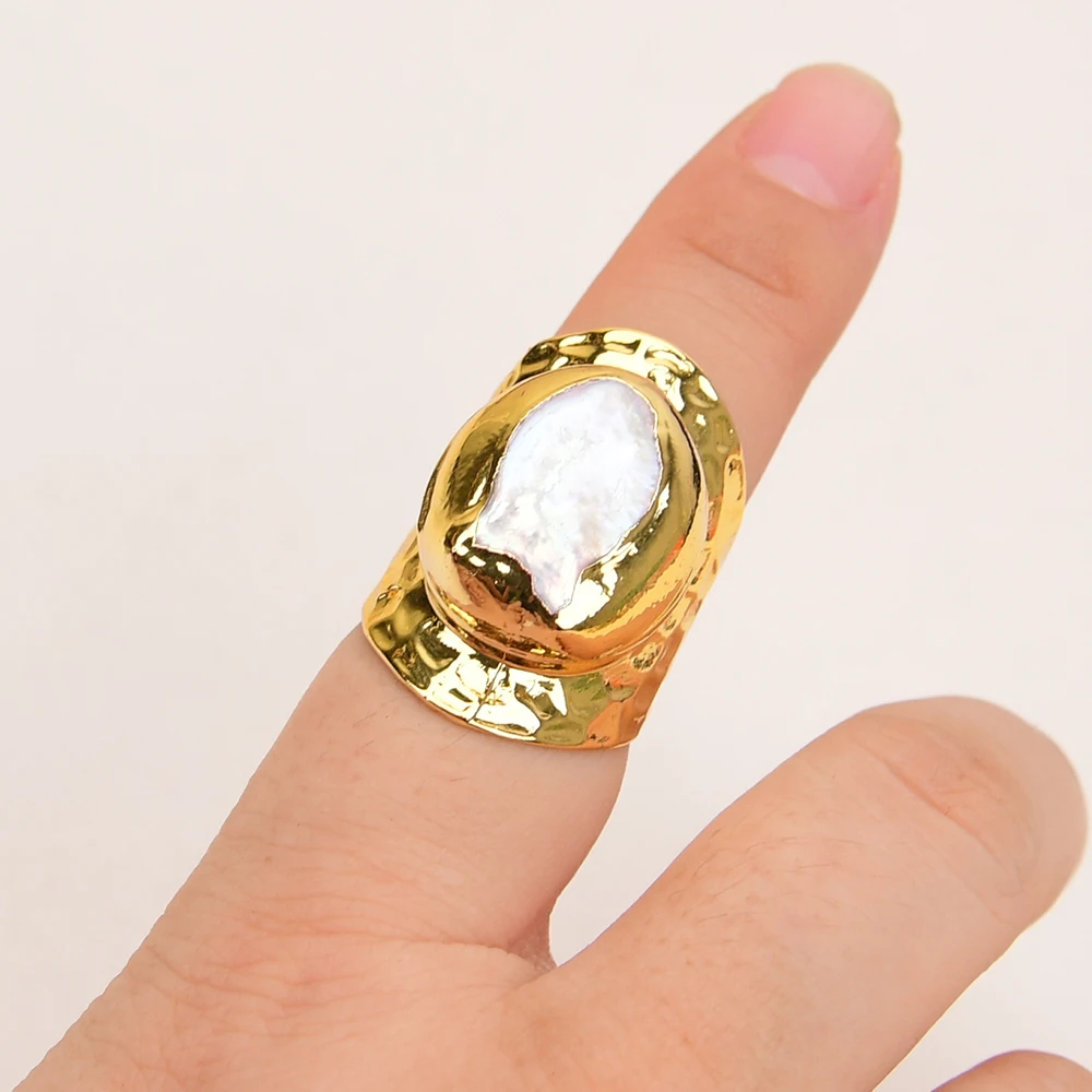 G-G Natural Cultured White Keshi Pearl Gold Plated Finger Ring Adjustable Rings For Women Jewelry Lady Simple Ring Gifts