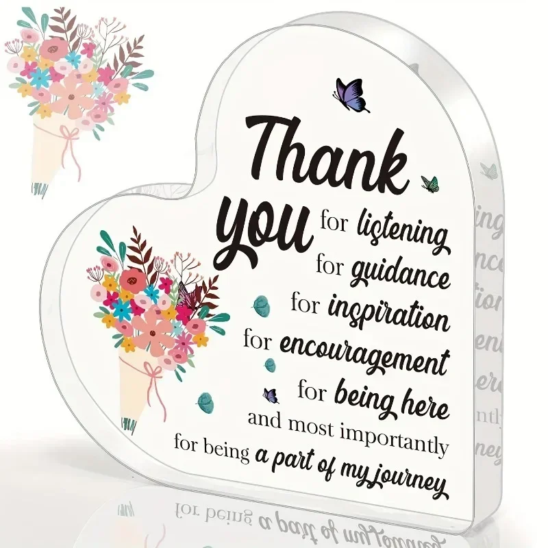 Heart Acrylic Thank You Plaque Colorful Bouquet Butterfly Design Mentor Teacher Appreciation Desk Sign