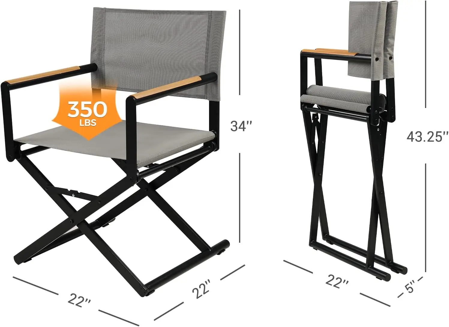 Extra Wide Folding Directors Chairs, Portable Heavy Duty Camping Seating, Outdoor Dining Lawn Furniture, Comfortable Foldable Armchairs, Classic Modern Style, Black, Set Of 2