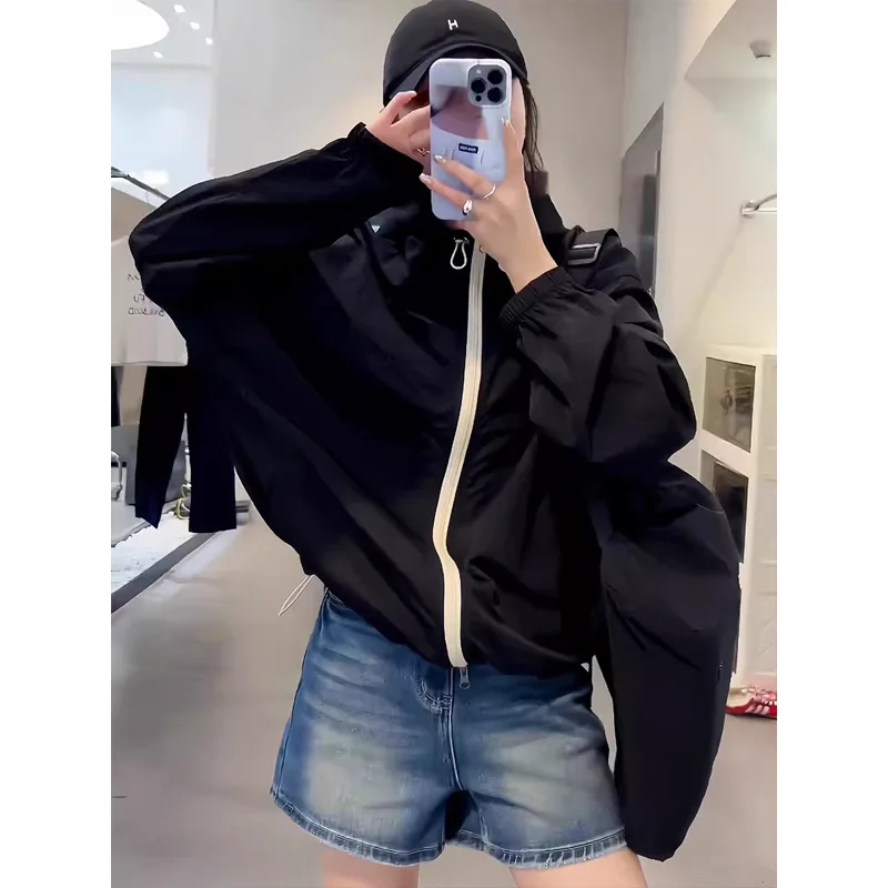 Contrasting Color Hooded Loose Sunscreen Clothes Women's Thin Breathable Top Silk Cool Short Jacket Female Coat Chaqueta Mujer