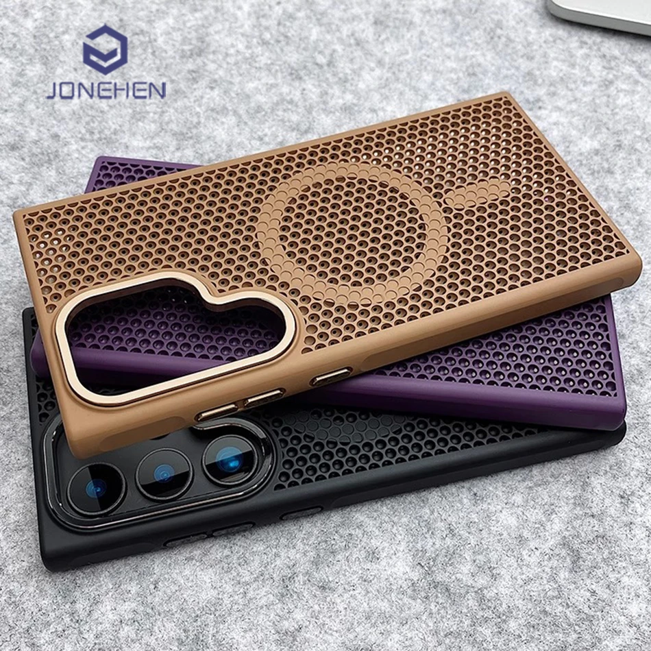 Griglia a nido d'ape Mesh di raffreddamento per custodia Magsafe per Samsung Galaxy S25 Ultra S24 S23 Plus Cover rigida con lente in lega mangetica smerigliata