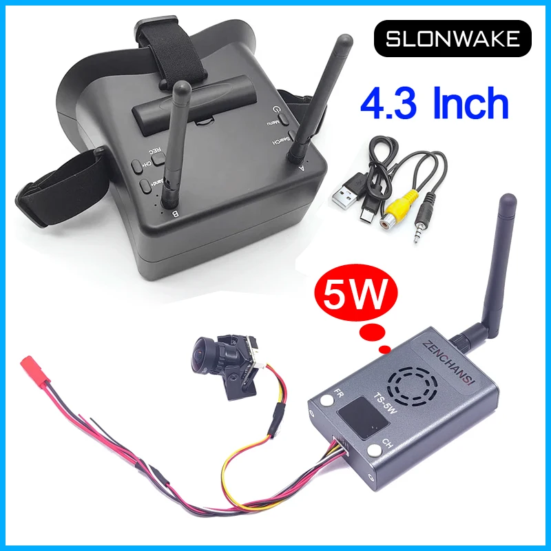 Over 20km 5.8G FPV Goggles 4.3 inch TFT LCD 800*480 Display with DVR and TS 5W VTX Transmitter+Starlight HDR 1200TVL fpv camera