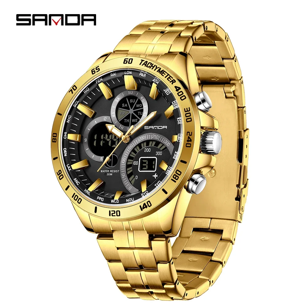 

Fashion Sanda Top Brand 3175 Men's Electronic Quartz Dual Movement Screen Black Technology Multi Functional Waterproof Watches