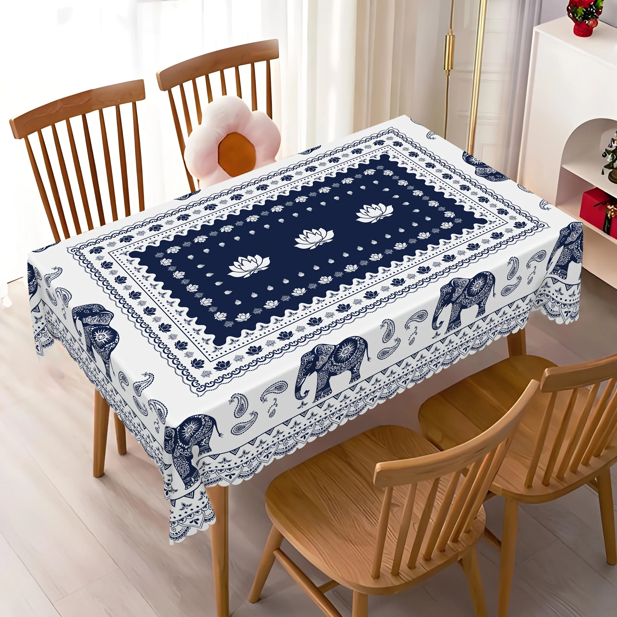Bohemian Floral Elephant Printed Tablecloth Holiday Party Decor Reusable Navy Blue Rectangle Table Cloths Kitchen Table Decor
