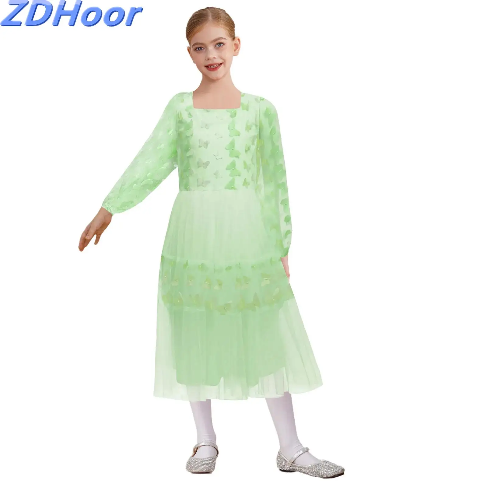 Kids Girls Tulle Party Dresses Square Neck Long Puff Sleeves Butterfly A-Line Dress for Wedding Birthday Holiday