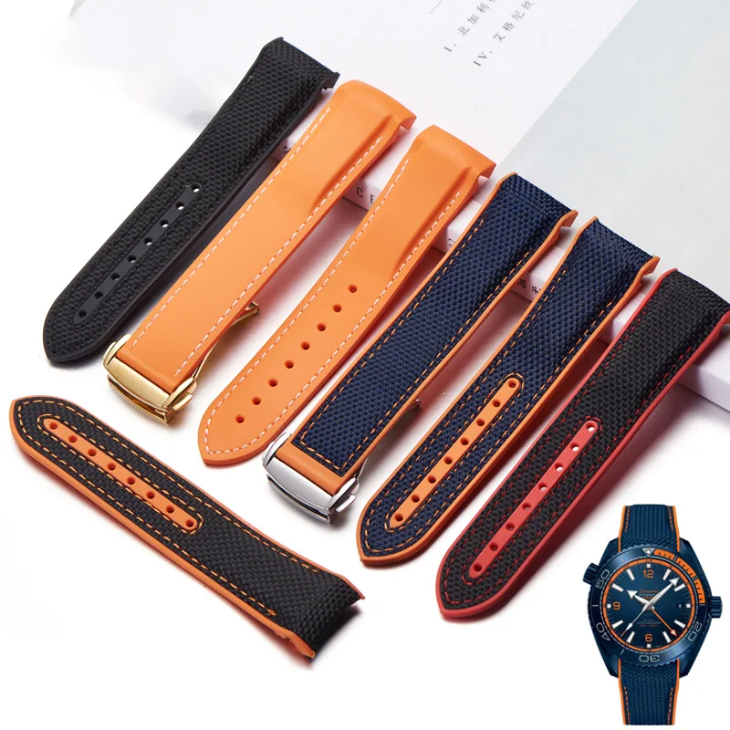 Fabric Nylon Silicone Watch Band For Omega Planet Ocean 600 Quarter Orange Seamaster 300 Rubber Strap Curved End WaterProof Men