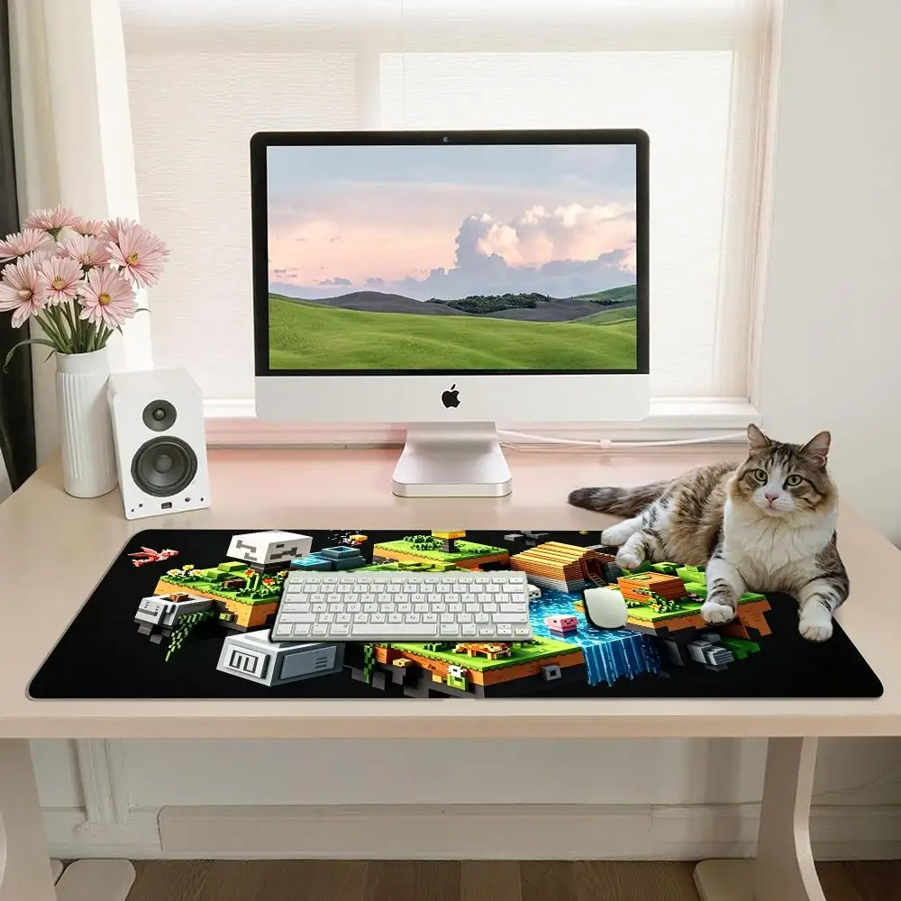 Pixel Art Floating Block Island Large Desk Mat Voxel World Scenery Vibrant Non‑Slip Gaming Mouse Pad for Esports Office Card