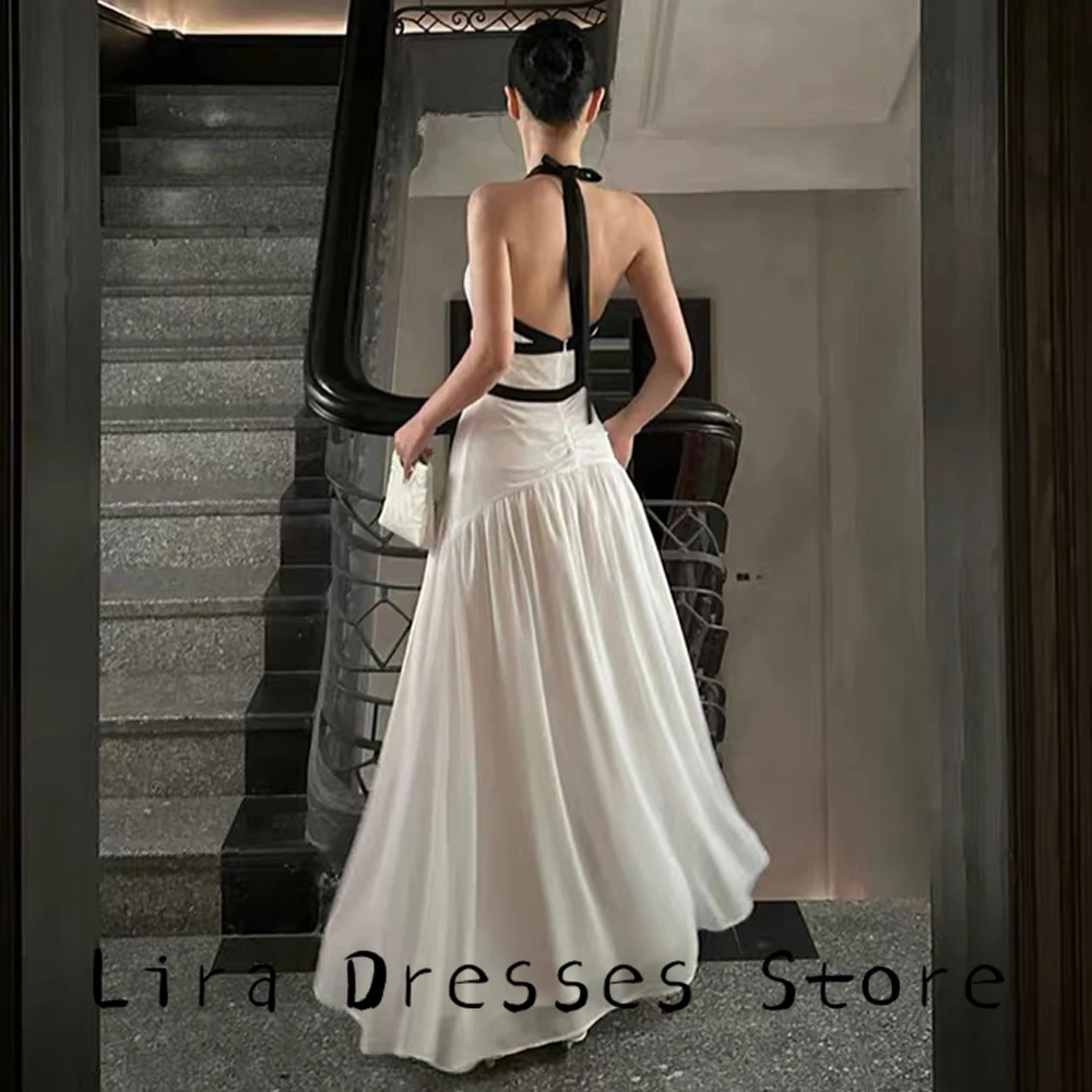 Customized A-Line Halter Simple Evening Dress Contrast Color Celebrity Gowns Fashion Backless Bow Floor Length Party Dress