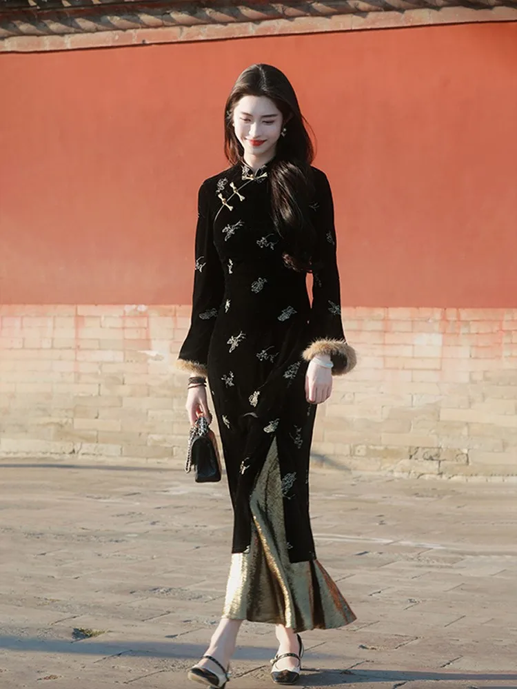 

Новое бархатное женское платье Cheongsam в китайском стиле с цветочной вышивкой на талии и длинными рукавами