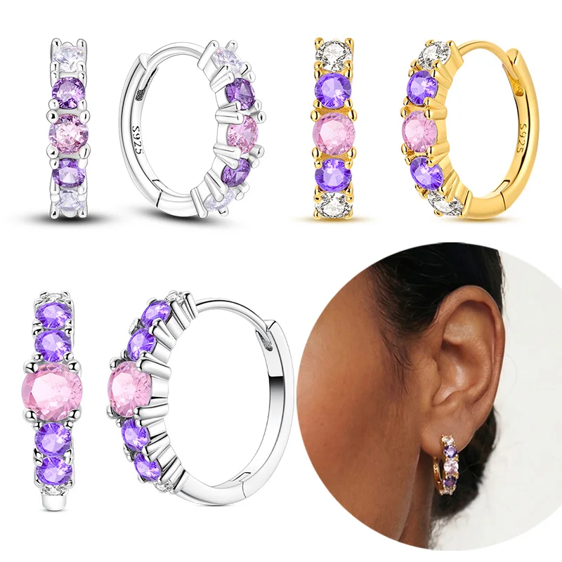 

Hot Sales Original 925 Sterling Silver Purple Zircon Hoop Earrings For Women Elegant Jewelry Gift
