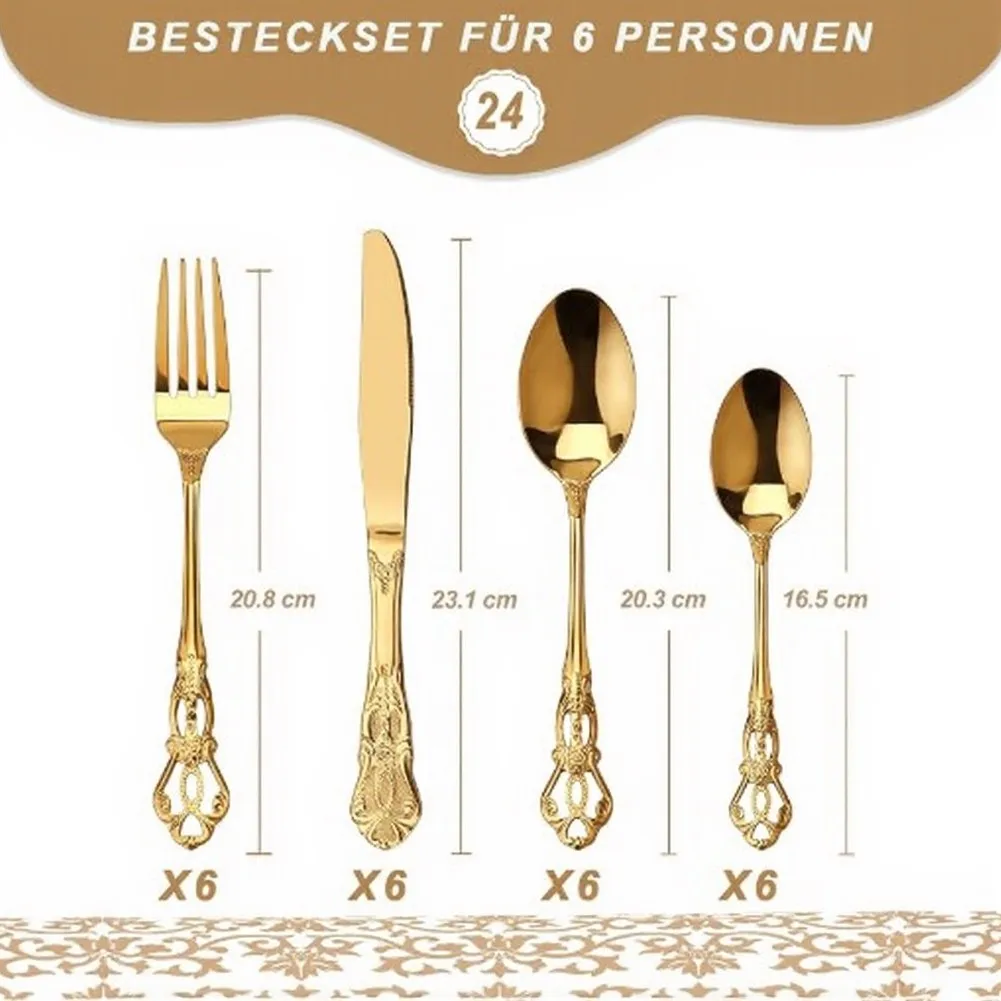 Vintage Gold 24-Piece Stainless Steel Flatware Set for 6 People with Baroque Design for Formal and Casual Dining