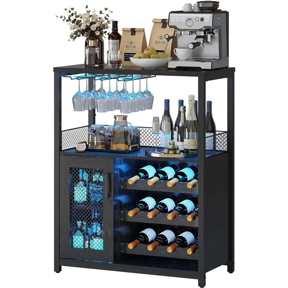 Mueble para vino, botellero industrial con luces LED, mueble de bar con botellero ajustable y soporte para copas, almacenamiento de bebidas