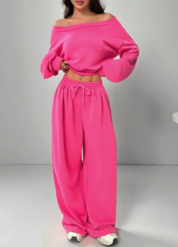 

Casual Sports Suit Autumn Fashion New Solid Color Slim Off-shoulder Long Sleeved Top High Waist Wide Leg Pants 2 Piece Set
