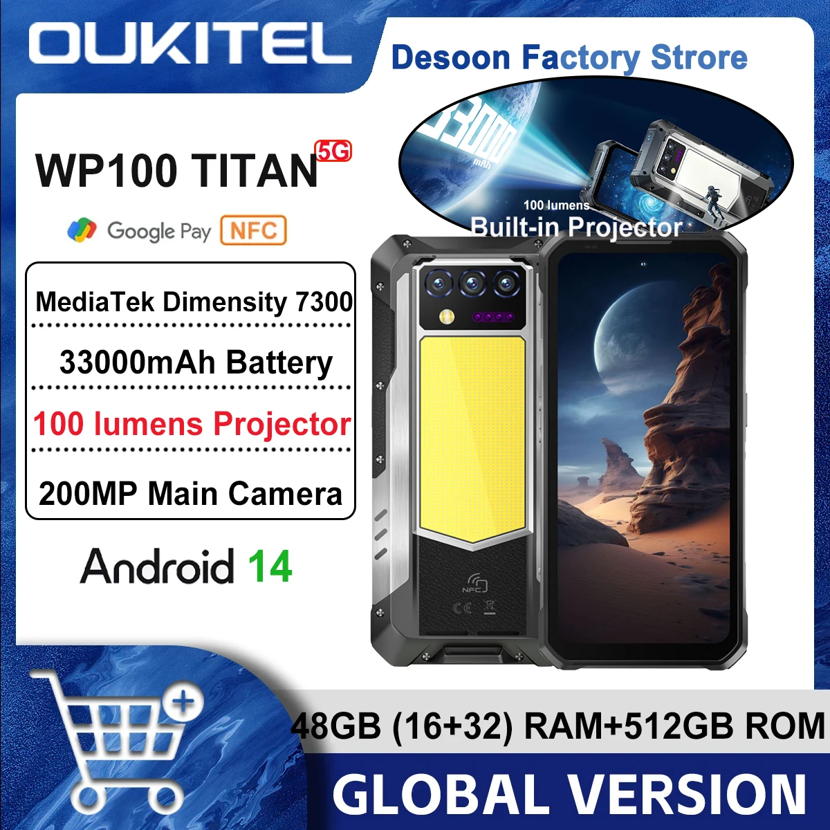 

Oukitel WP100 Titan Встроенный проектор Прочный телефон 33000 мАч 66 Вт Зарядное устройство 48 (16 + 32) ГБ 512 ГБ 200 МП Камера Кемпинг Свет Сотовый телефон