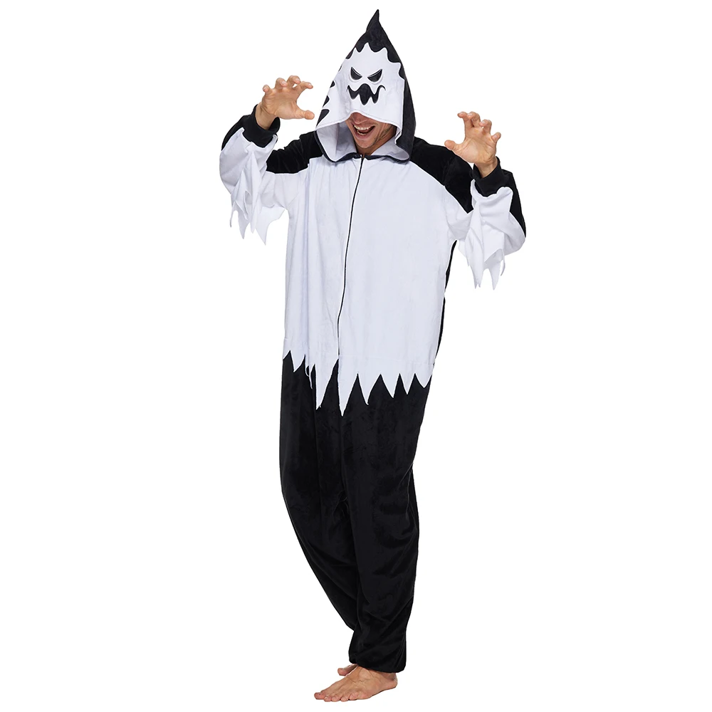 Eraspooky Adult White Ghost Pajamas Men Onesies Hooded Women Sleepwear Halloween Costume Kigurumi Cosplay Carnival Fancy Dress