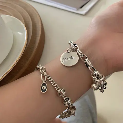 VENTFILLE Thai Silver Bracelet for Women Vintage Geometric Heart Love Lucky Punk Jewelry 2023 New Dropship