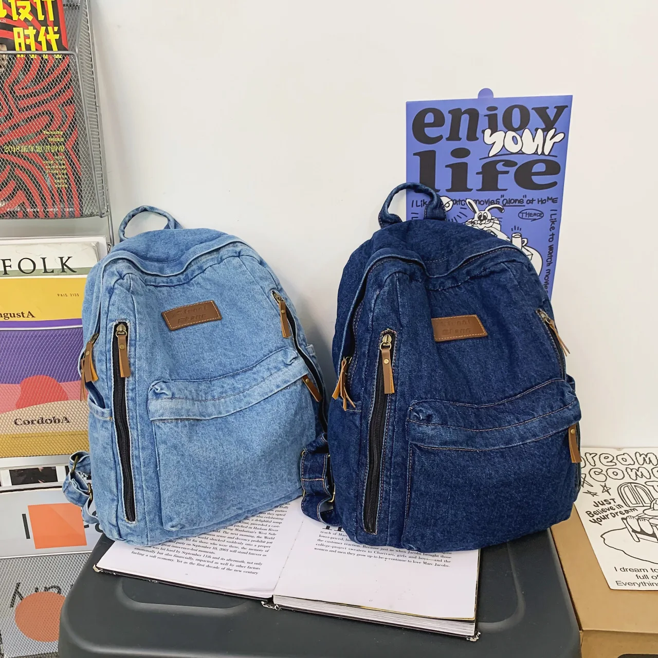 Retro durable denim women's double-shoulder backpack, large capacity student schoolbag, men's travel backpack