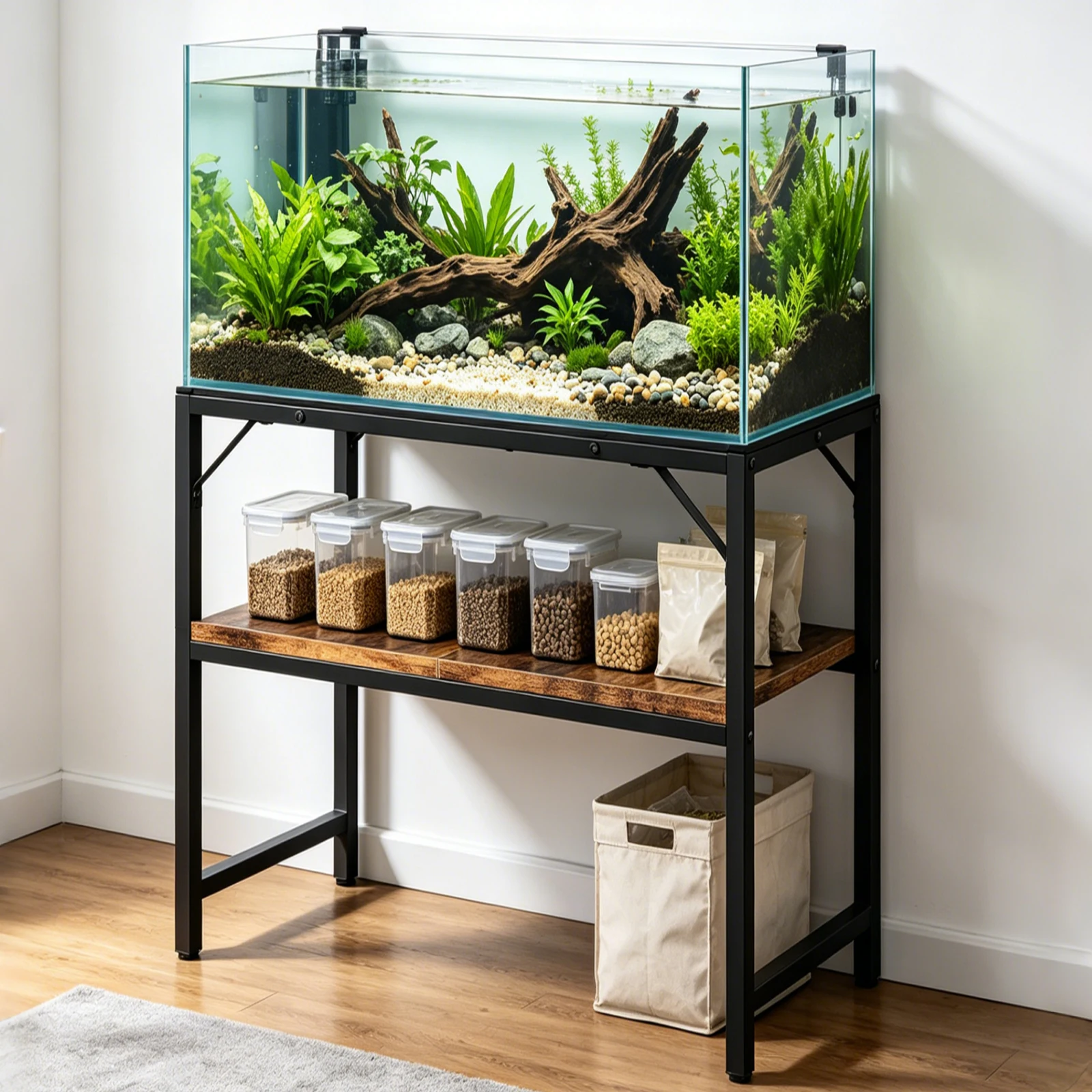 Robusto supporto per acquario da 40-50 galloni, supporto a due livelli per acquari con ripiano portaoggetti, scaffale per terrari di tartarughe, ideale per la casa, l’ufficio o il soggiorno.