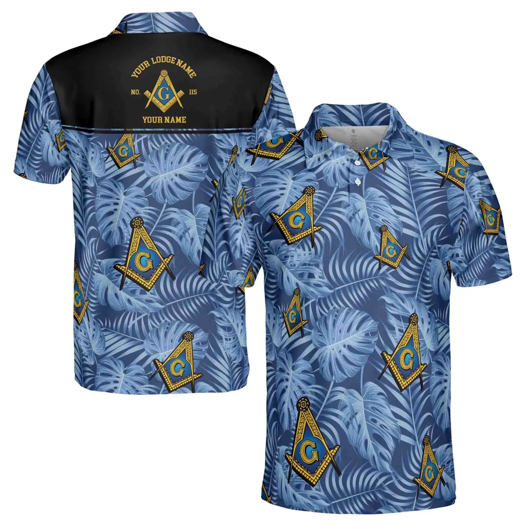 Customize Name Lodge Name Masonic Freemasonry Tropical Plants Blue Men's Polo Shirt 2026