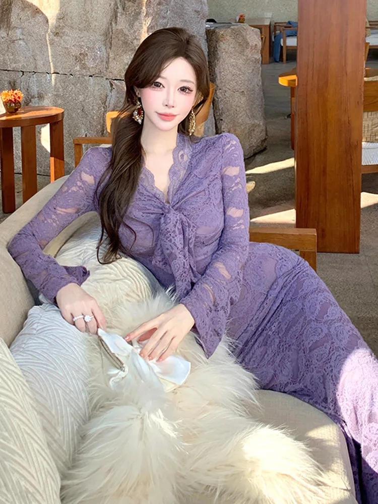 Abito lungo in pizzo viola alla moda Street Chic per le donne Abito da ballo aderente con maniche a volant con scollo a V e eleganza francese