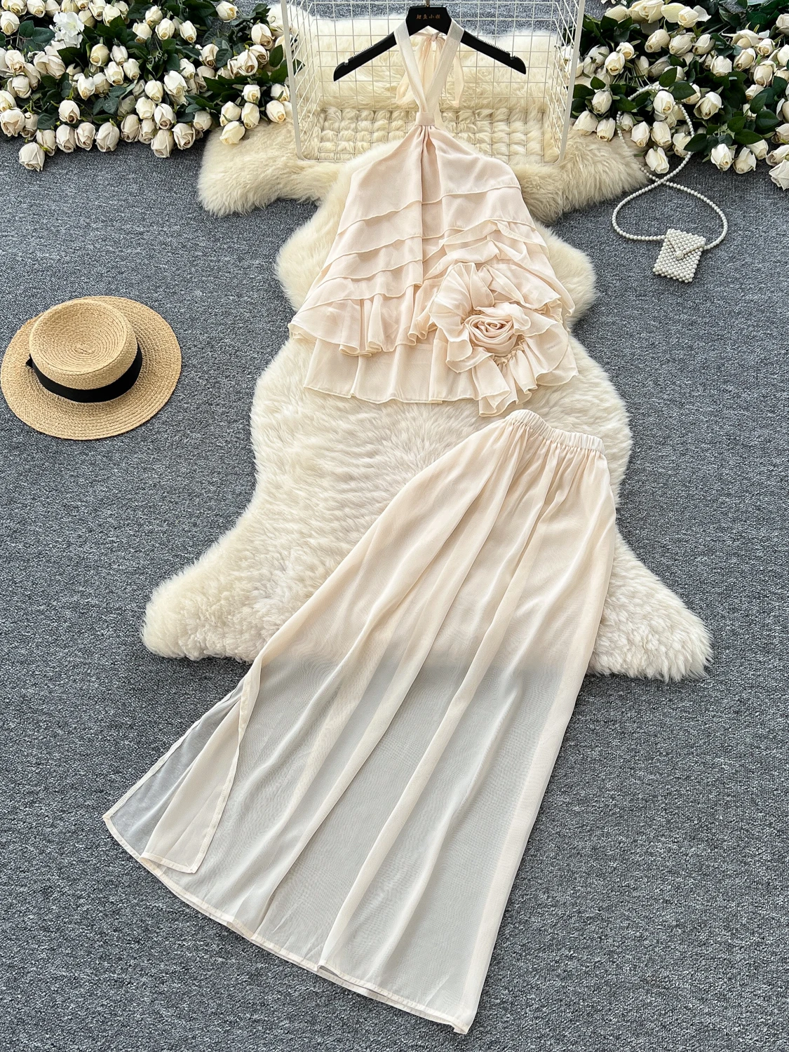 Summer Valion Fairy T-Set 3D Flower Nelace Svel Me Split f Rock Lange Hosen V-ne Faionable Damenanzug