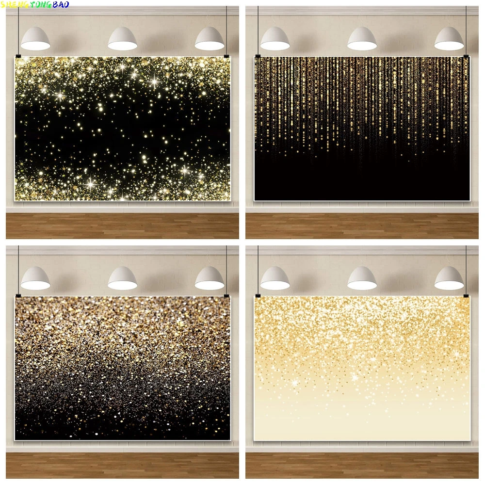 

Glitters Shiny Golden Black Polka Dot Light Bokeh Photography Backdrop Wedding Birthday Party Decor Photo Background Prop Custom