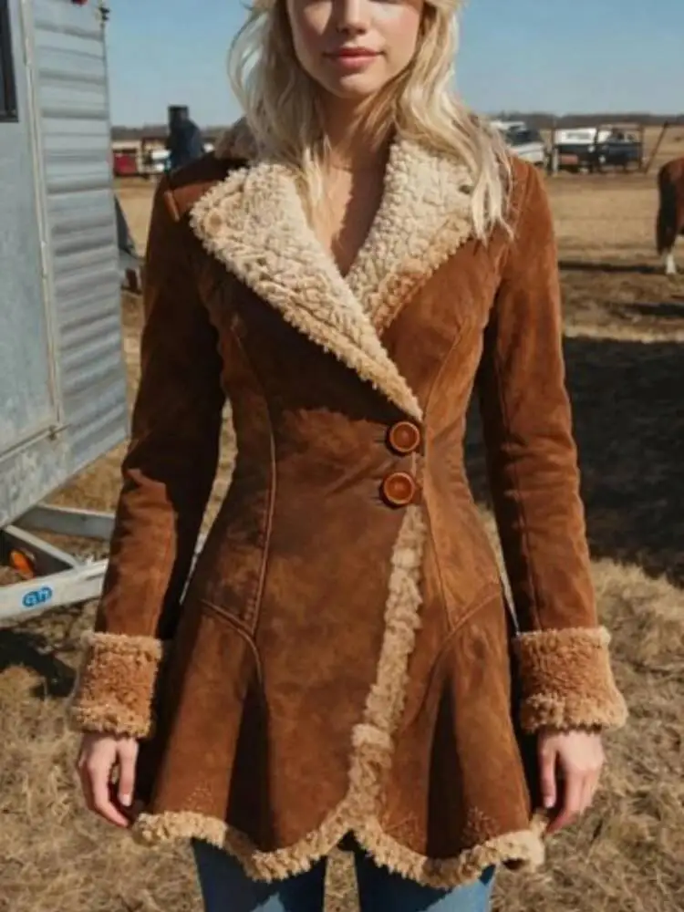 

Women's Suede Fur Collar Western Plush Autumn And Winter Fashionable Warm Coat Outdoor Windproof Slim Fit Windbreaker