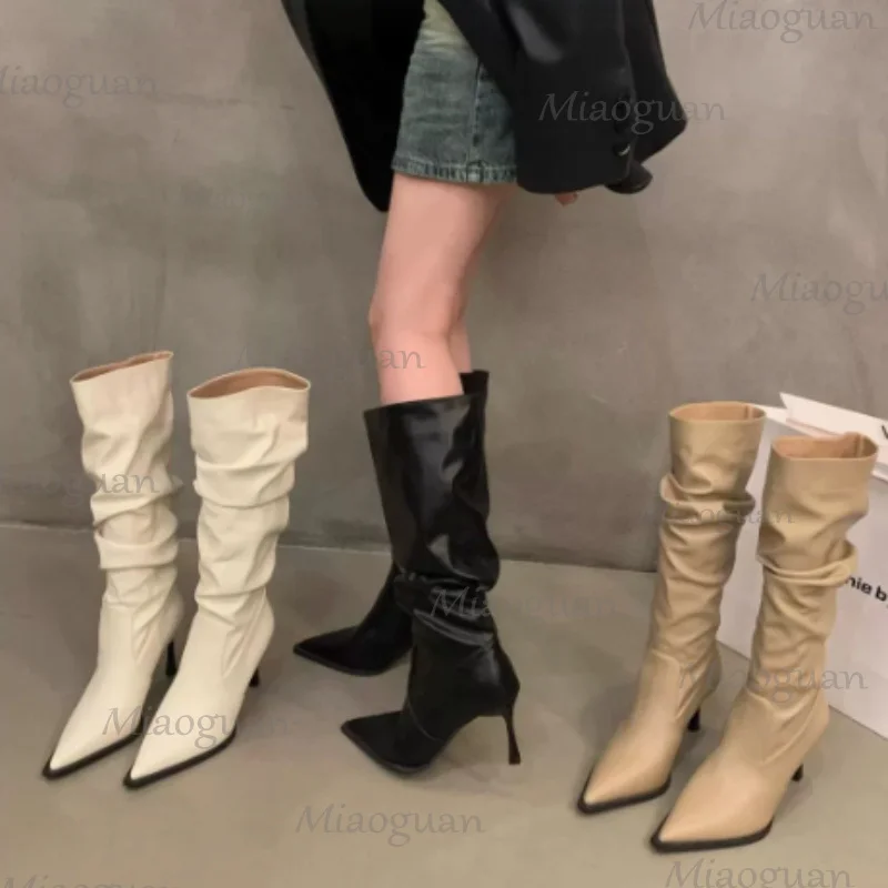 New Women Knee High Boots Autumn Winter Female Shoes Fashion Female Slip-on Folds High Heel Round Toe Flat Long Boots Botas