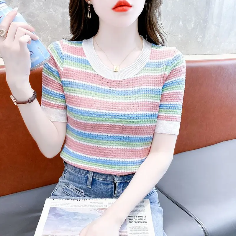 Trend Simplicity Versatile Summer T-Shirts Women O-Neck Striped Ice Silk Patchwork Fashion Casual Short Sleeve Slim Knit Tops