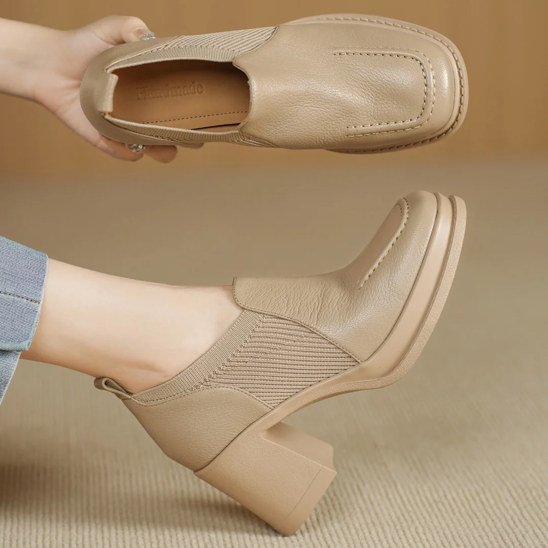 

2025 Осенние новые женские туфли-лодочки без шнуровки из овчины из эластичной вязки в стиле пэчворк, женские модельные туфли на высоком каблуке 7 см на массивном каблуке в стиле OL