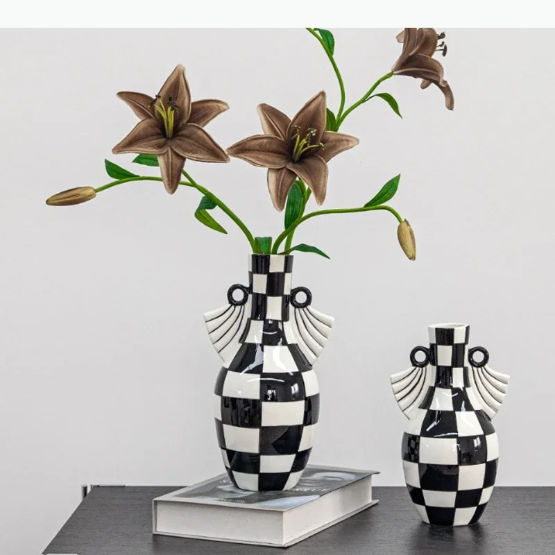 Checkered Pattern Vase Ceramic Plant Pot Table Decoration Flower Arrangement Flowers Vases Room Aesthetic Decor