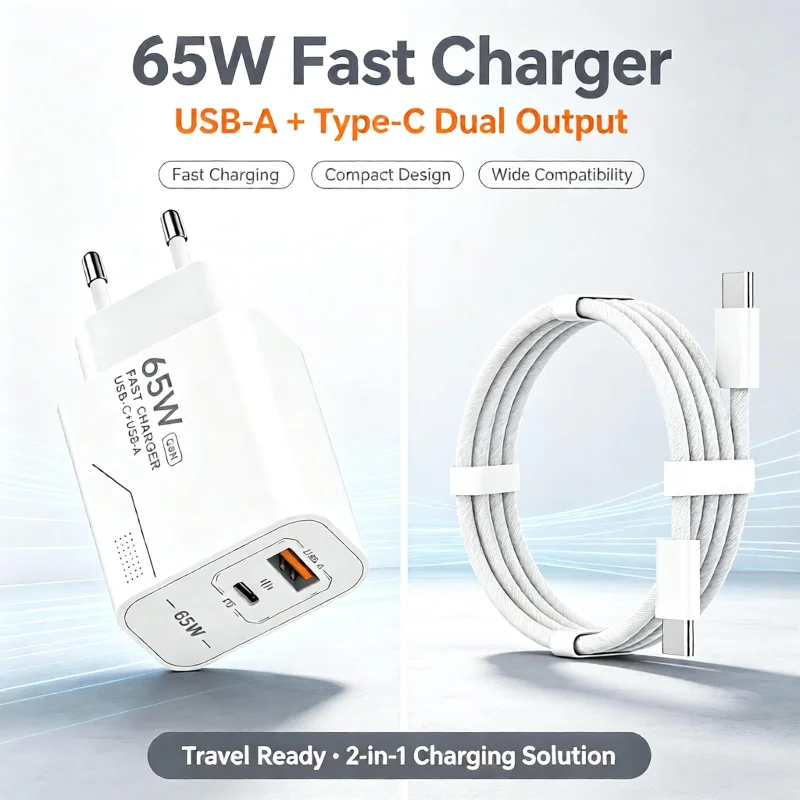 Universal 65W GaN Multi-Protocol Fast Charger USB C Dual Port Phone Power Adapter EU/US Plug For iPhone Xiaomi Samsung Huawei