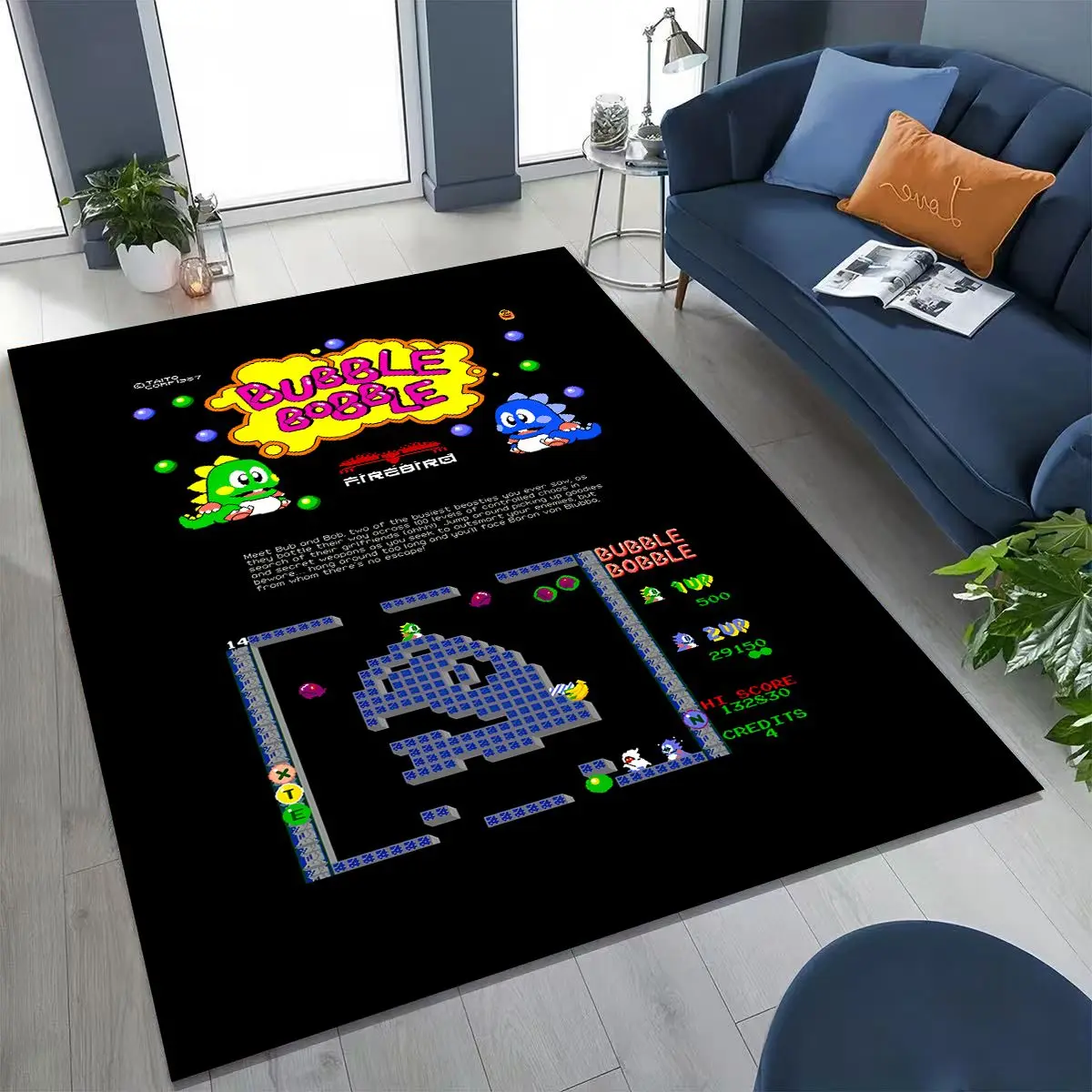 3D Retro Game Bubble Bobble Cartoon Gamer Rug for Bedroom Living Room Sofa Home Doormat Decor, Large Kid Play Non-slip Floor Mat