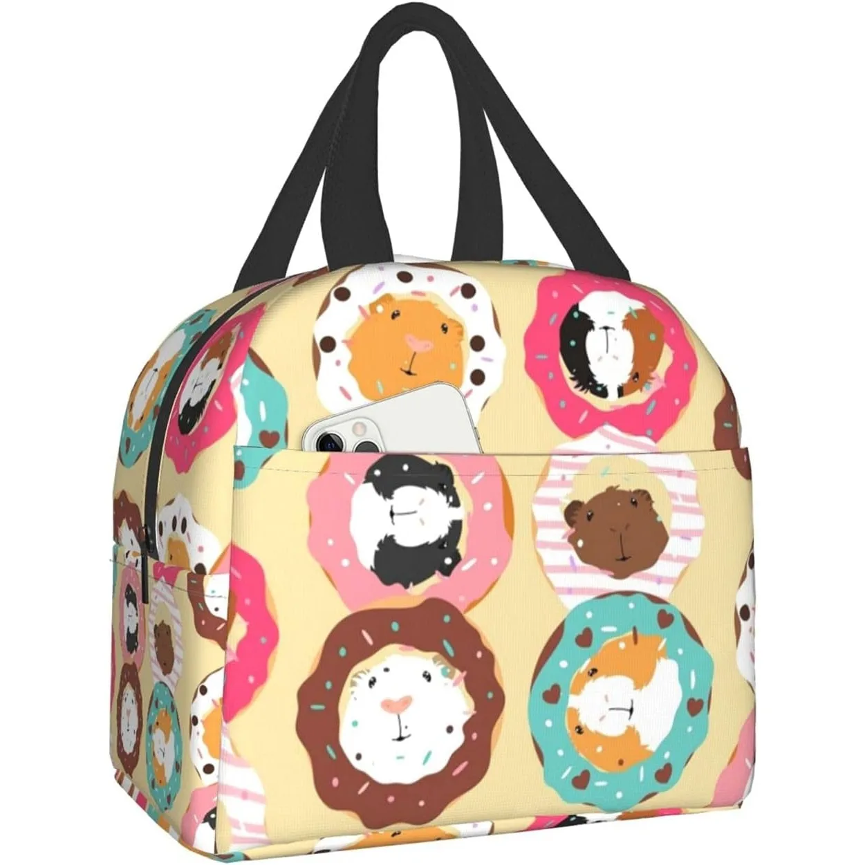 

Cooler Lunch Tote Bag With Front Pocket for Teen Girls Women Men School Picnic Office Work, Funny Guinea Pig Donut