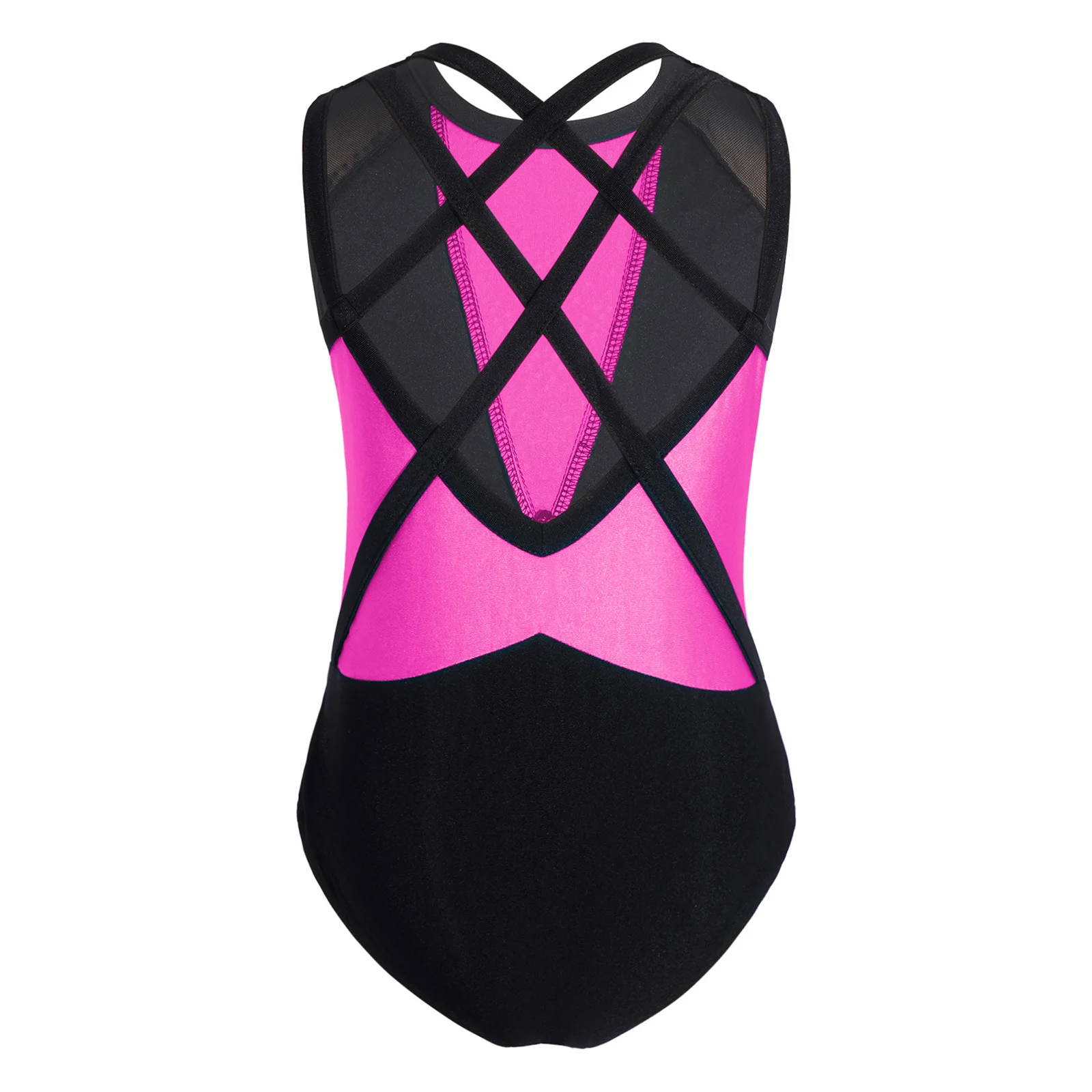 Kids Girls Dance Gymnastics Leotard Round Neck Sleeveless Crisscross Back Shiny Rhinestones Color Block Performance Dance Wear image 2