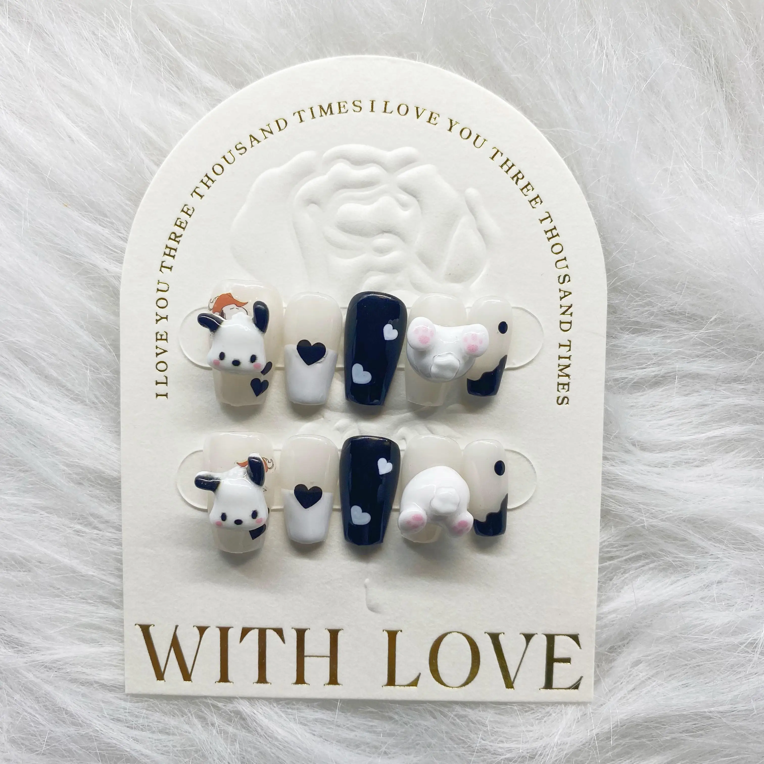 Paha Dog Finished Product French Contrast Color Heart Detachable Reusable High-Quality Elegant White Handmade Press On Nails